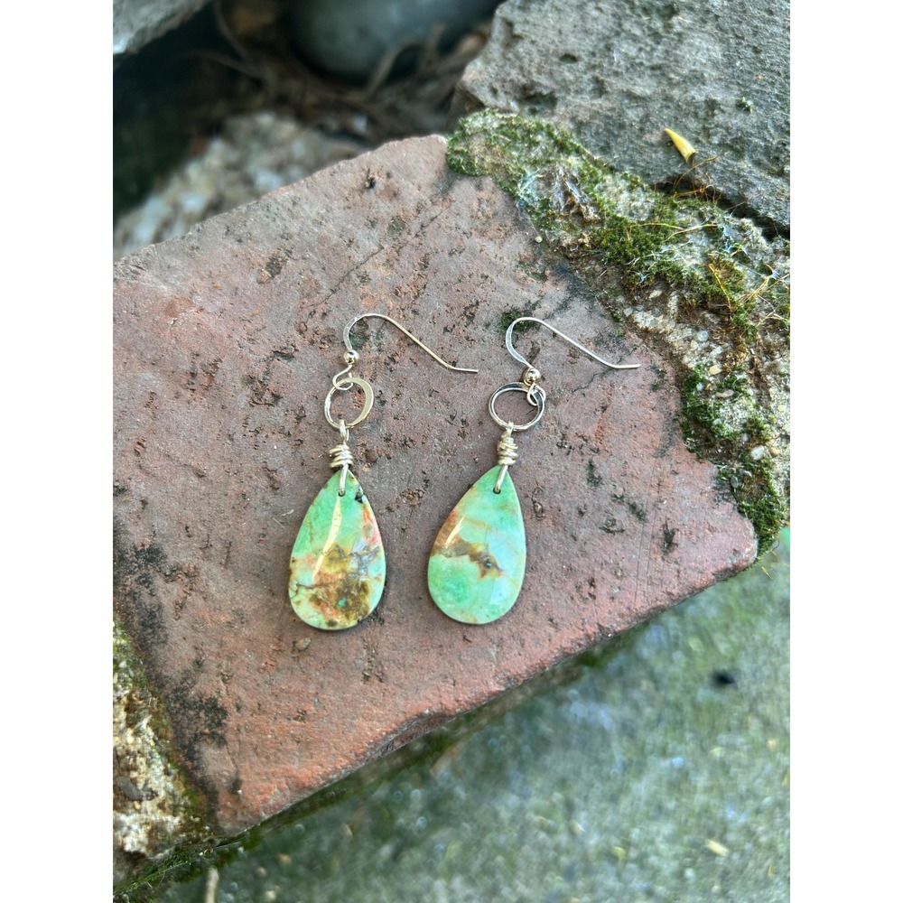 Chrysocolla Earrings Sterling Silver Wire Wrapped Handmade Gemstone Earrings